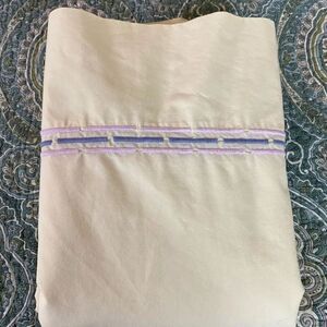 Embroidered Wamsutta vintage Cream flat Sheet with Lavender and Light Blue Trim